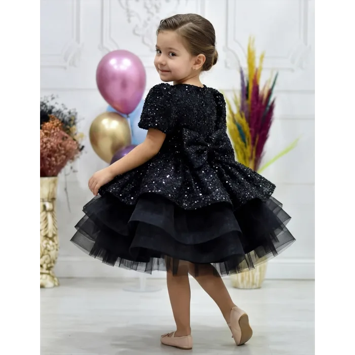Kız Çocuk Siyah Kısa Balon Kol Taşlı Boncuklu Elbise