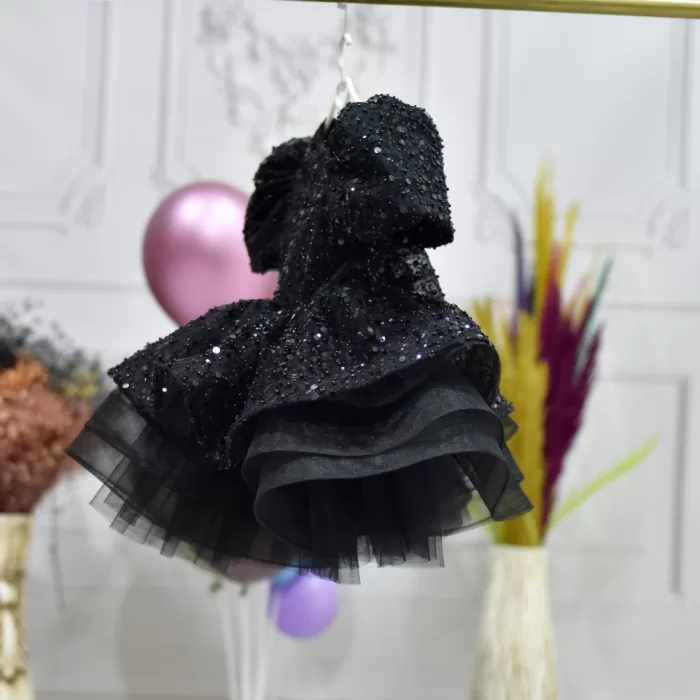 Kız Çocuk Siyah Kısa Balon Kol Taşlı Boncuklu Elbise