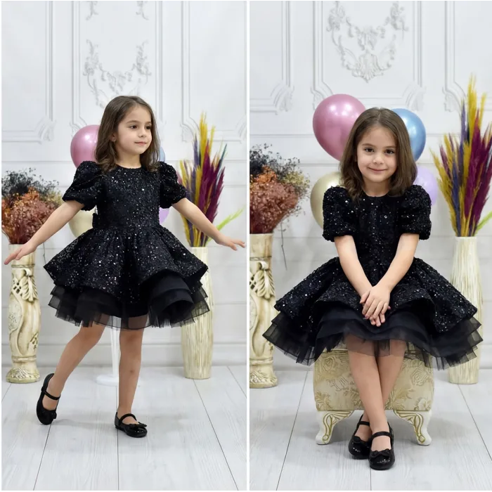 Kız Çocuk Siyah Kısa Balon Kol Taşlı Boncuklu Elbise