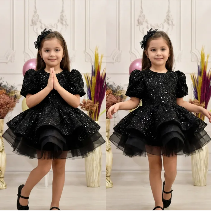 Kız Çocuk Siyah Kısa Balon Kol Taşlı Boncuklu Elbise