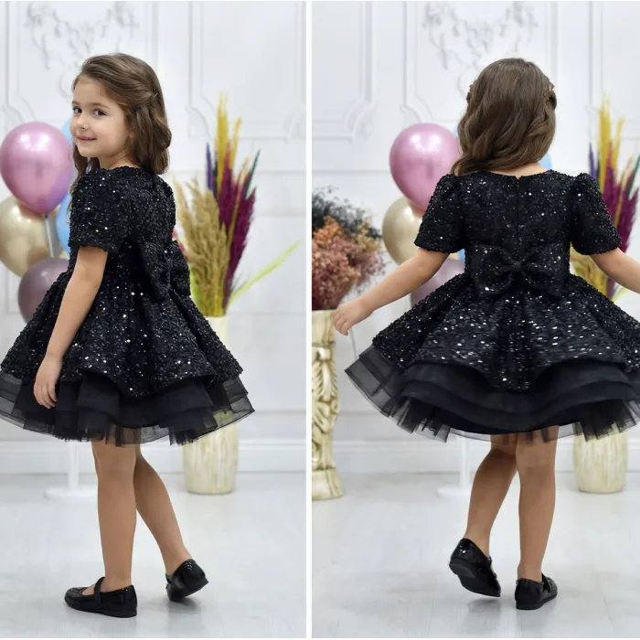 Kız Çocuk Siyah Kısa Balon Kol Taşlı Boncuklu Elbise