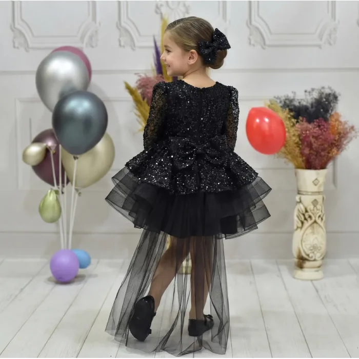 Kız Çocuk Siyah Kuyruklu Uzun Kol Boncuklu Payetli Kabarık Elbise