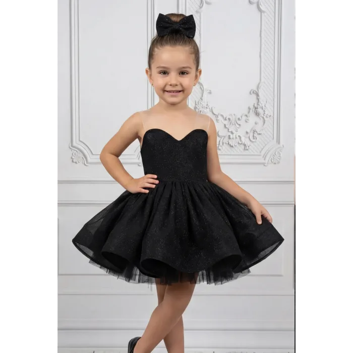 Kız Çocuk Siyah Parıltılı Kalp Detaylı Şeffaf Sıfır Kol Kabarık Abiye Elbise