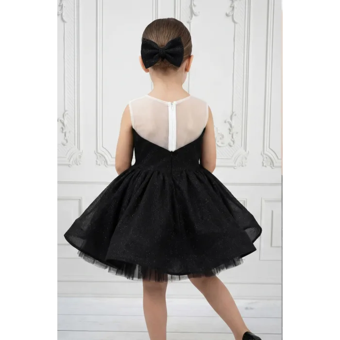 Kız Çocuk Siyah Parıltılı Kalp Detaylı Şeffaf Sıfır Kol Kabarık Abiye Elbise