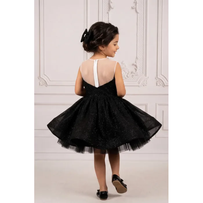 Kız Çocuk Siyah Parıltılı Kalp Detaylı Şeffaf Sıfır Kol Kabarık Abiye Elbise