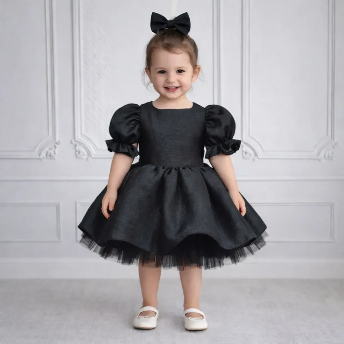 Kız Çocuk Siyah Parıltılı Kloş Balon Kol Kabarık Elbise