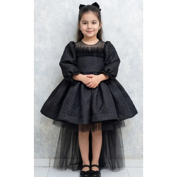 Kız Çocuk Siyah Parıltılı Kuyruklu Balon Kol Kabarık Elbise