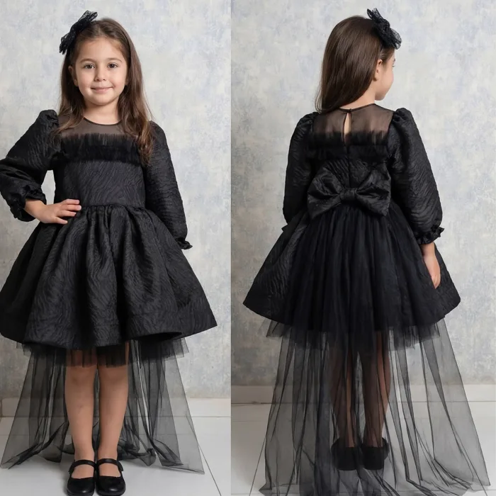 Kız Çocuk Siyah Parıltılı Kuyruklu Balon Kol Kabarık Elbise