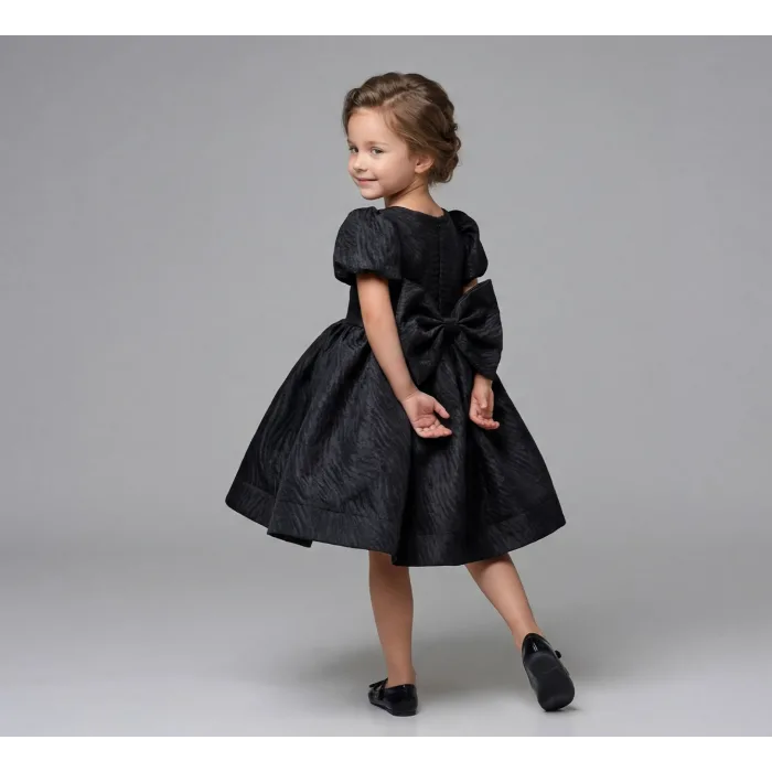 Kız Çocuk Siyah Parıltılı Uzun Kol Kabarık Elbise