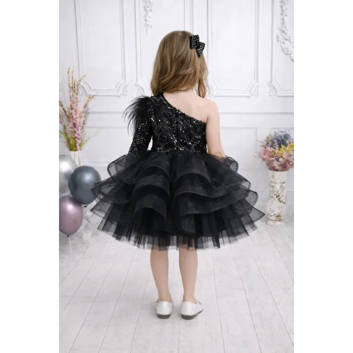 Kız Çocuk Siyah Parla Payetli Tek Omuz Kabarık Parıltılı Elbise