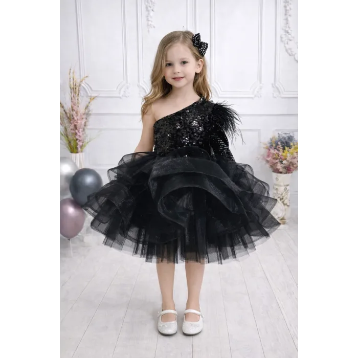 Kız Çocuk Siyah Parla Payetli Tek Omuz Kabarık Parıltılı Elbise