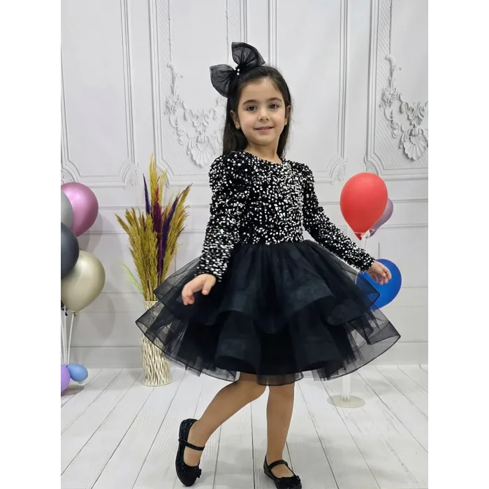 Kız Çocuk Siyah Payetli Dekolteli Uzun Kol Gren Etekli Kabarık Elbise
