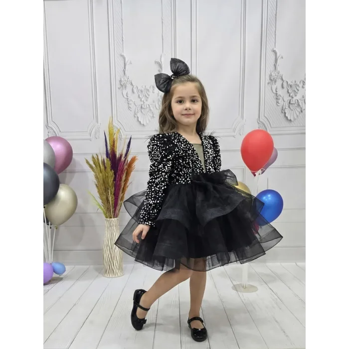 Kız Çocuk Siyah Payetli Dekolteli Uzun Kol Gren Etekli Kabarık Elbise