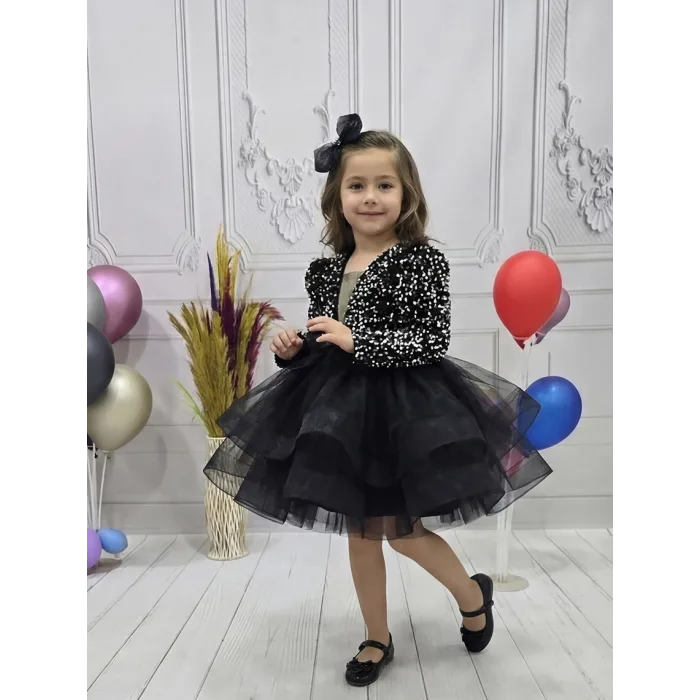 Kız Çocuk Siyah Payetli Dekolteli Uzun Kol Gren Etekli Kabarık Elbise