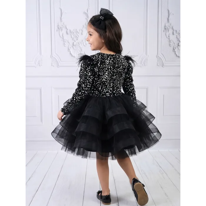 Kız Çocuk Siyah Payetli Dekolteli Uzun Kol Gren Etekli Kabarık Elbise