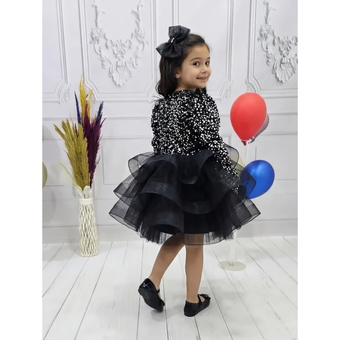 Kız Çocuk Siyah Payetli Dekolteli Uzun Kol Gren Etekli Kabarık Elbise