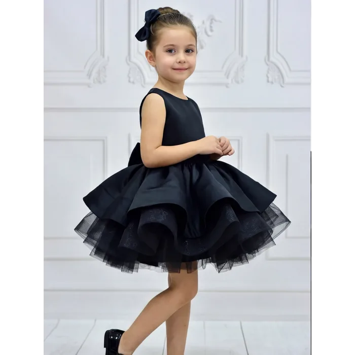 Kız Çocuk Siyah Sıfır Kol Bisiklet Yaka Arkası Kurdele Detaylı Gren Etekli Elbise