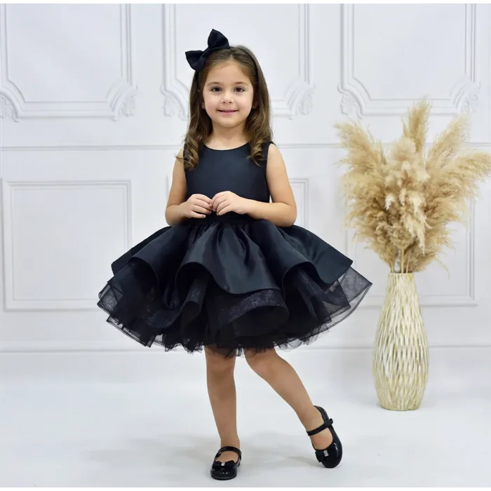 Kız Çocuk Siyah Sıfır Kol Bisiklet Yaka Arkası Kurdele Detaylı Gren Etekli Elbise