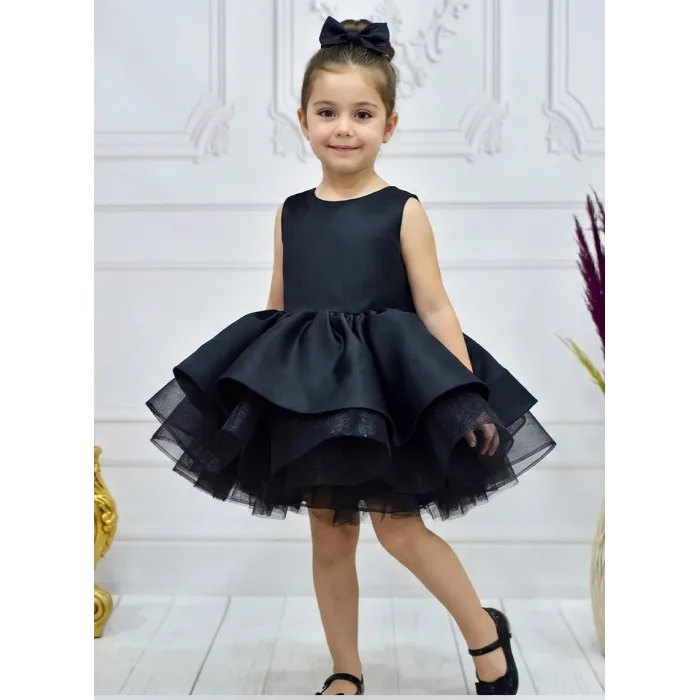 Kız Çocuk Siyah Sıfır Kol Bisiklet Yaka Arkası Kurdele Detaylı Gren Etekli Elbise
