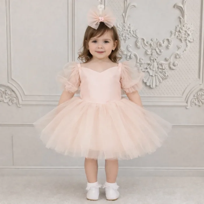 Kız Çocuk Somon Kalp Detaylı Kısa Balon Kol Kabarık Elbise