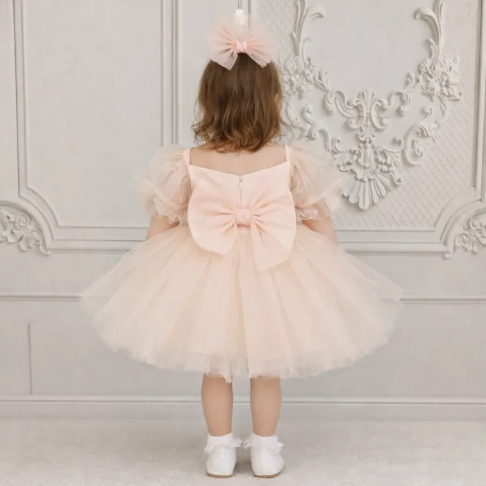 Kız Çocuk Somon Kalp Detaylı Kısa Balon Kol Kabarık Elbise