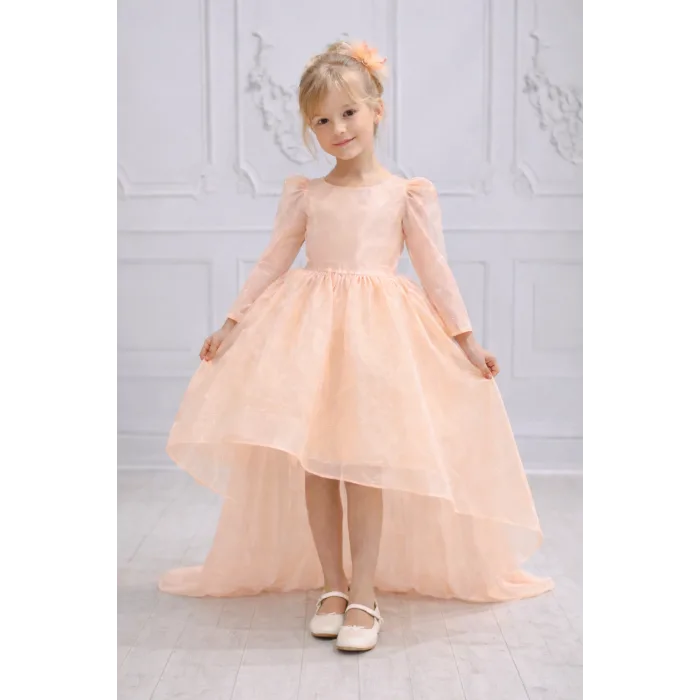 Kız Çocuk Somon Organze Kuyruklu Kabarık Elbise