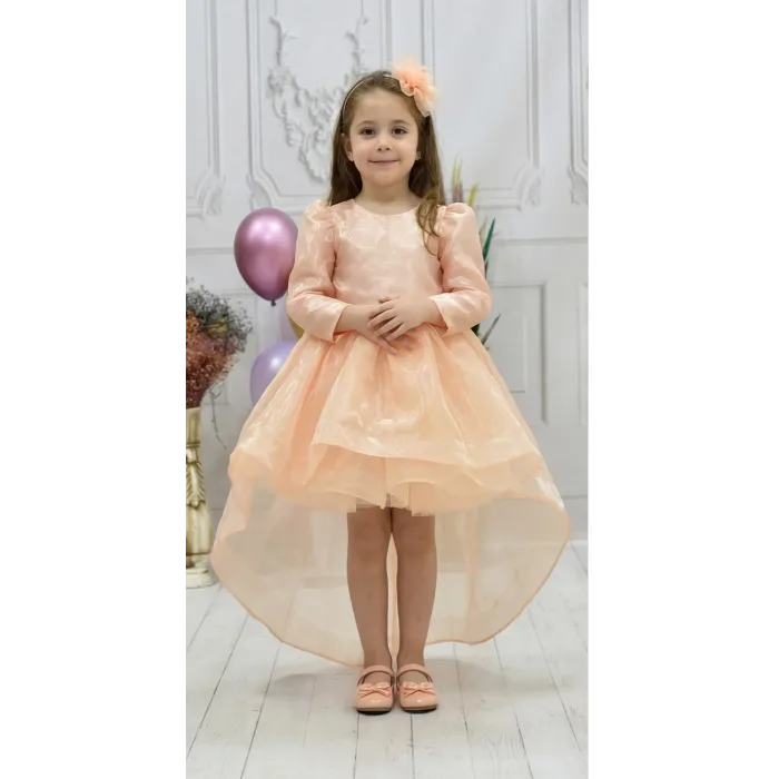 Kız Çocuk Somon Organze Kuyruklu Kabarık Elbise