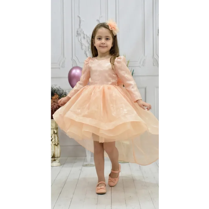 Kız Çocuk Somon Organze Kuyruklu Kabarık Elbise