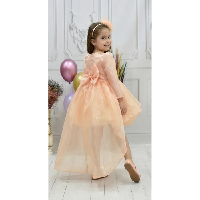 Kız Çocuk Somon Organze Kuyruklu Kabarık Elbise