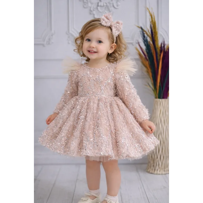 Kız Çocuk Somon Pullu Pamuklu Kol Tül Tüy Detaylı Kabarık Elbise