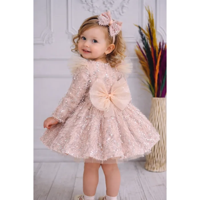 Kız Çocuk Somon Pullu Pamuklu Kol Tül Tüy Detaylı Kabarık Elbise