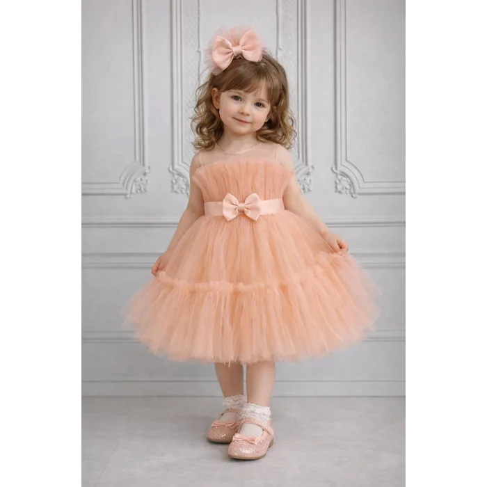 Kız Çocuk Somon Şeffaf Üst Ön Fiyonk Detaylı Kemerli Kabarık