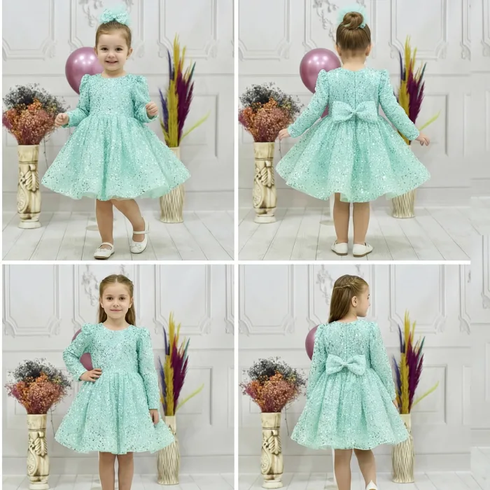 Kız Çocuk Su Yeşili Boncuklu Payetli Kabarık Elbise