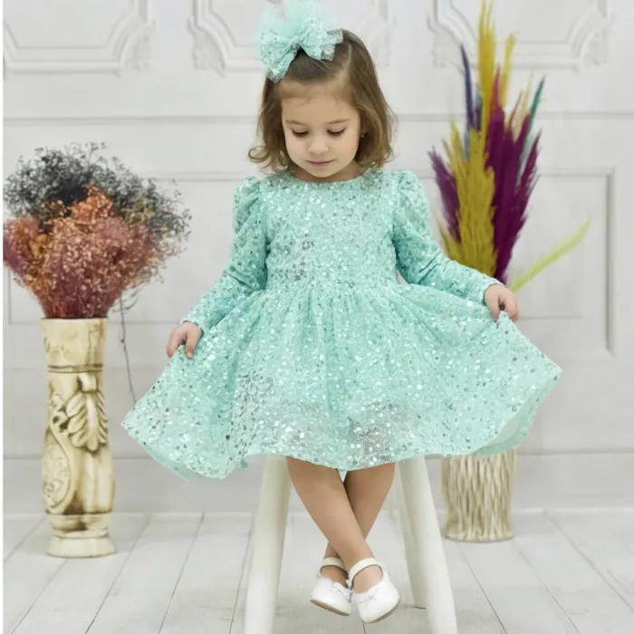Kız Çocuk Su Yeşili Boncuklu Payetli Kabarık Elbise