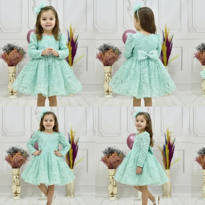 Kız Çocuk Su Yeşili Boncuklu Payetli Kabarık Elbise