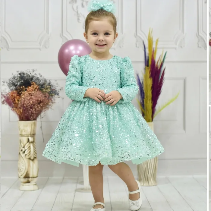 Kız Çocuk Su Yeşili Boncuklu Payetli Kabarık Elbise