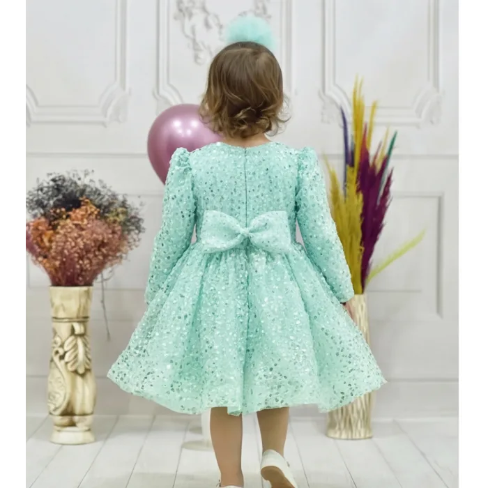 Kız Çocuk Su Yeşili Boncuklu Payetli Kabarık Elbise
