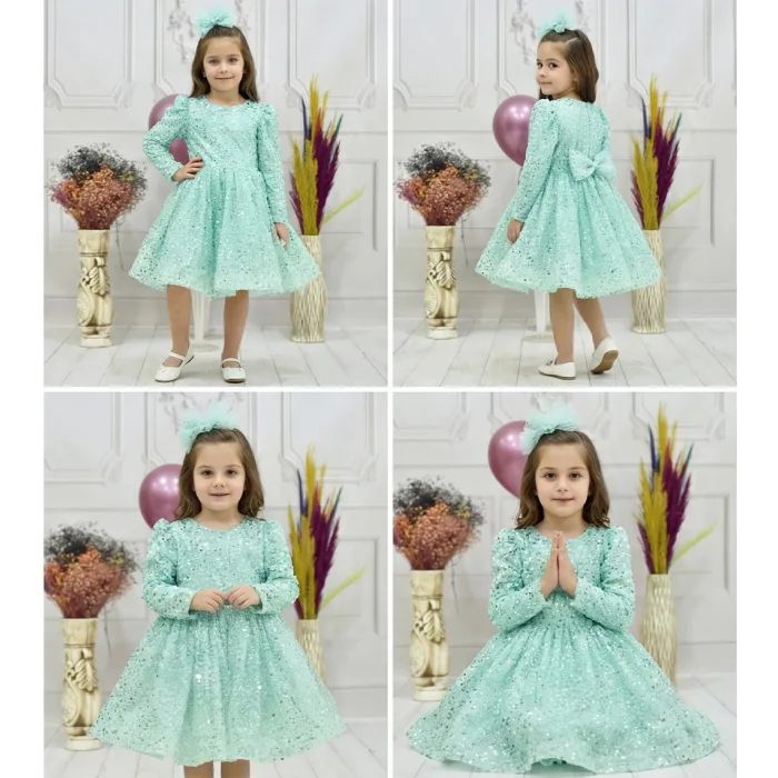 Kız Çocuk Su Yeşili Boncuklu Payetli Kabarık Elbise