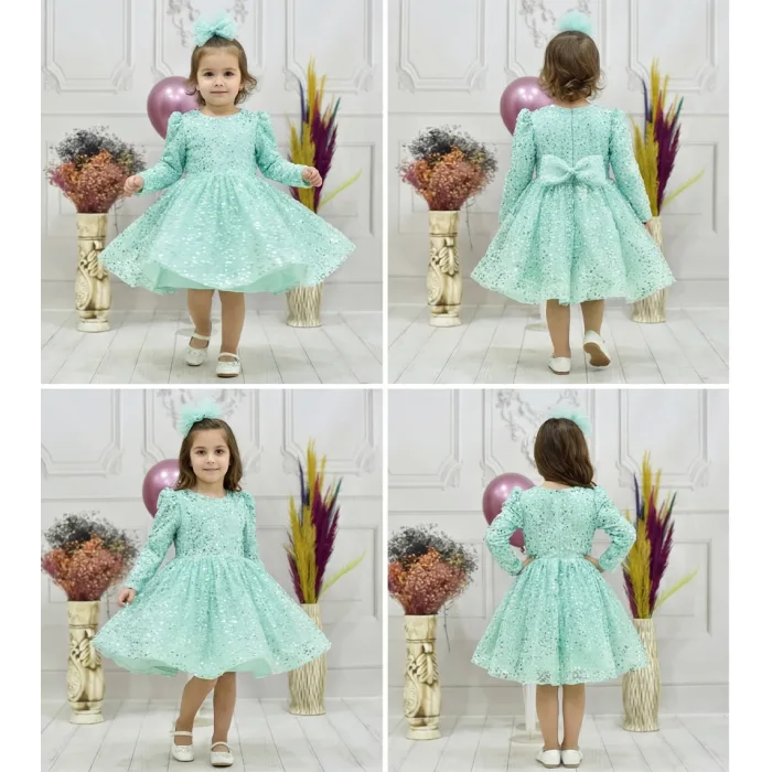 Kız Çocuk Su Yeşili Boncuklu Payetli Kabarık Elbise