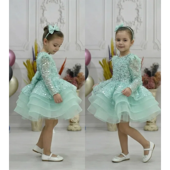 Kız Çocuk Su Yeşili Boncuklu Payetli Omuz Tül Detaylı Kabarık Elbise