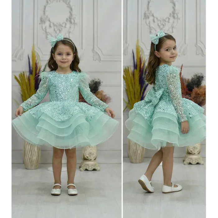 Kız Çocuk Su Yeşili Boncuklu Payetli Omuz Tül Detaylı Kabarık Elbise