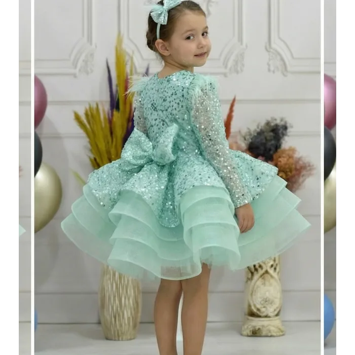 Kız Çocuk Su Yeşili Boncuklu Payetli Omuz Tül Detaylı Kabarık Elbise