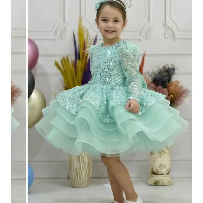 Kız Çocuk Su Yeşili Boncuklu Payetli Omuz Tül Detaylı Kabarık Elbise