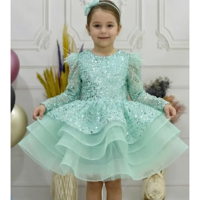 Kız Çocuk Su Yeşili Boncuklu Payetli Omuz Tül Detaylı Kabarık Elbise