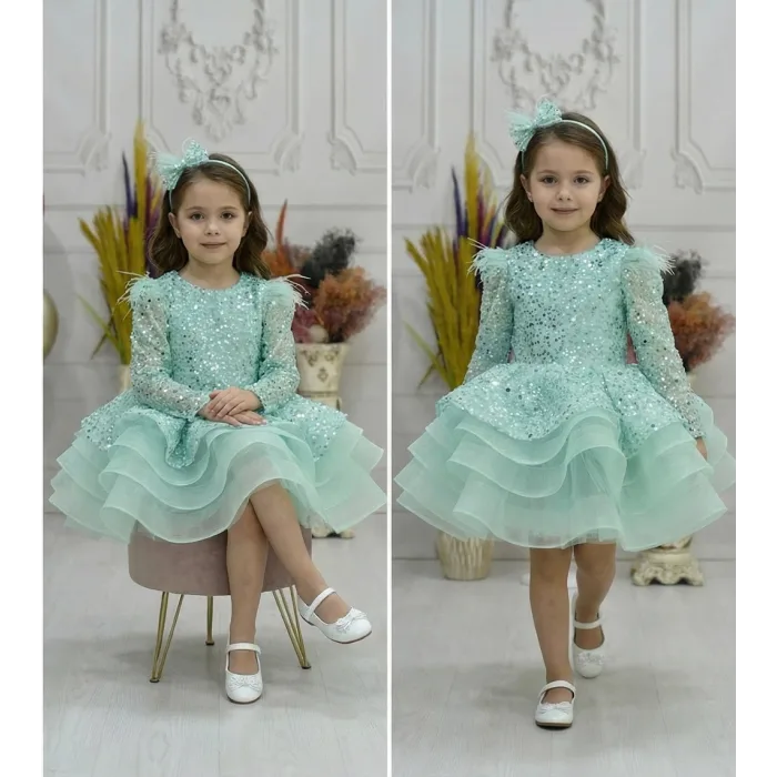 Kız Çocuk Su Yeşili Boncuklu Payetli Omuz Tül Detaylı Kabarık Elbise