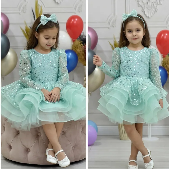 Kız Çocuk Su yeşili Boncuklu Payetli Uzun Kol Kabarık Elbise