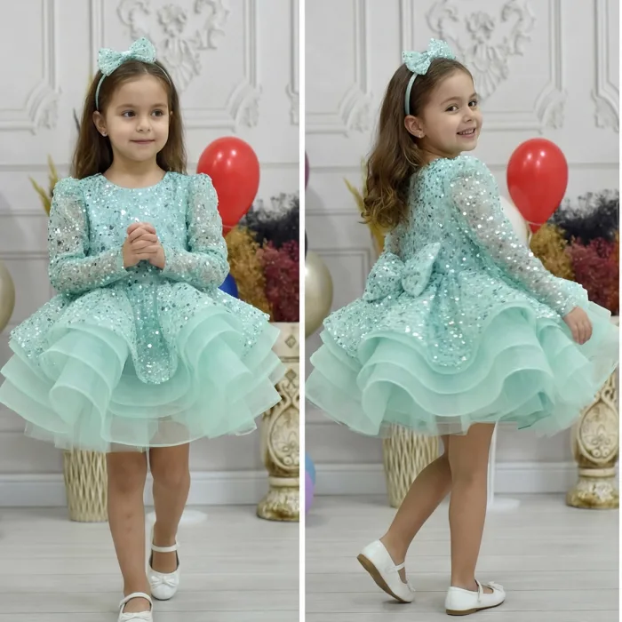 Kız Çocuk Su yeşili Boncuklu Payetli Uzun Kol Kabarık Elbise