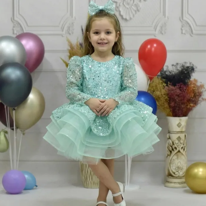 Kız Çocuk Su yeşili Boncuklu Payetli Uzun Kol Kabarık Elbise