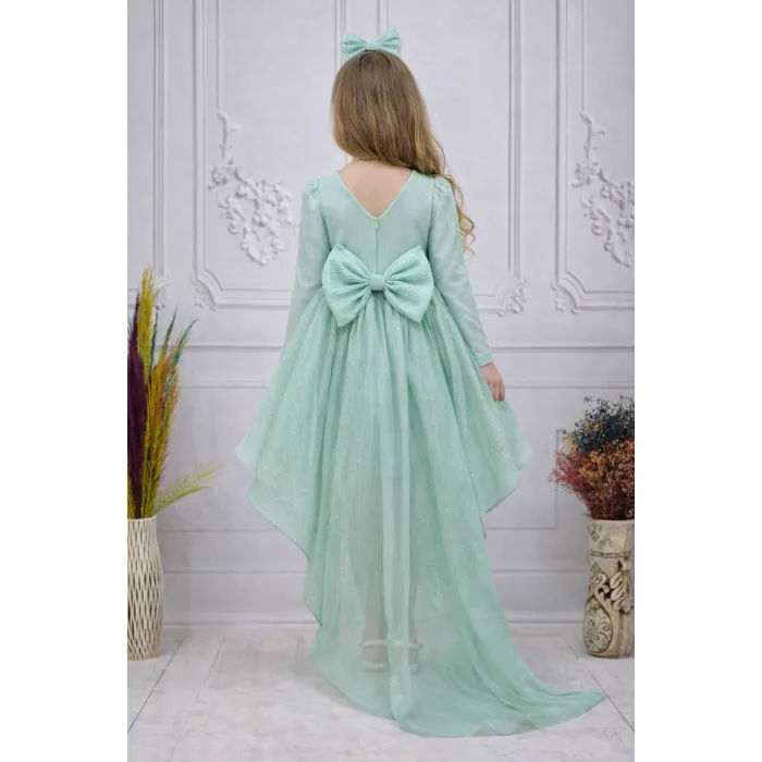 Kız Çocuk Su Yeşili Dalgalı Parıltılı Kuyruklu Elbise Abiye