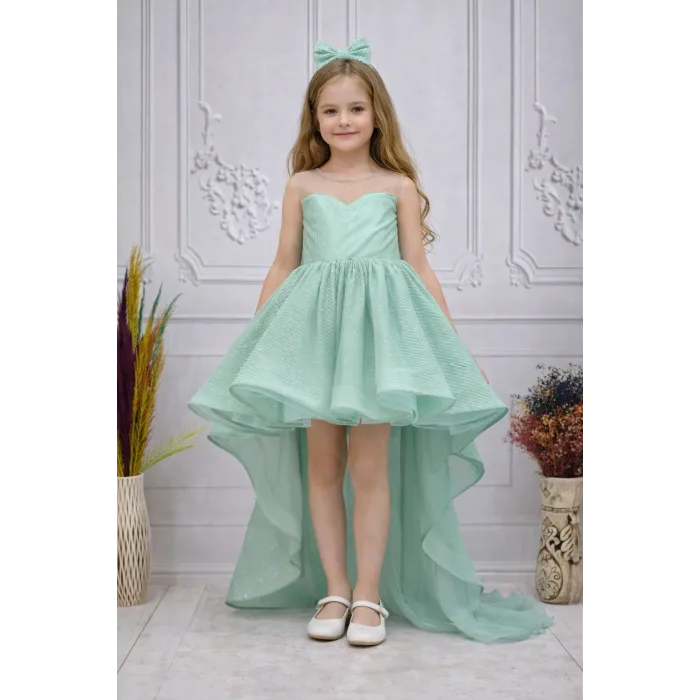 Kız Çocuk Su Yeşili Dalgalı Parıltılı Kuyruklu Elbise Abiye
